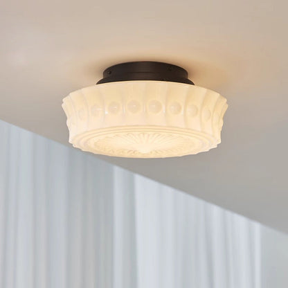 Traditional Vintage Round Pattern Glass Iron LED Semi-Flush Mount Ceiling Light For Bedroom