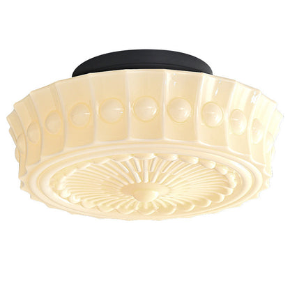 Traditional Vintage Round Pattern Glass Iron LED Semi-Flush Mount Ceiling Light For Bedroom