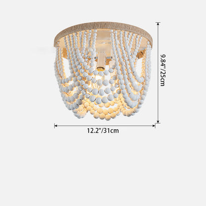 Traditional Vintage Round Curtain Wooden Beads Sisal Hardware 3-Light Flush Mount Ceiling Light For Bedroom