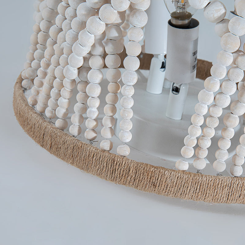 Traditional Vintage Round Curtain Wooden Beads Sisal Hardware 3-Light Flush Mount Ceiling Light For Bedroom
