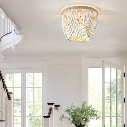 Traditional Vintage Round Curtain Wooden Beads Sisal Hardware 3-Light Flush Mount Ceiling Light For Bedroom