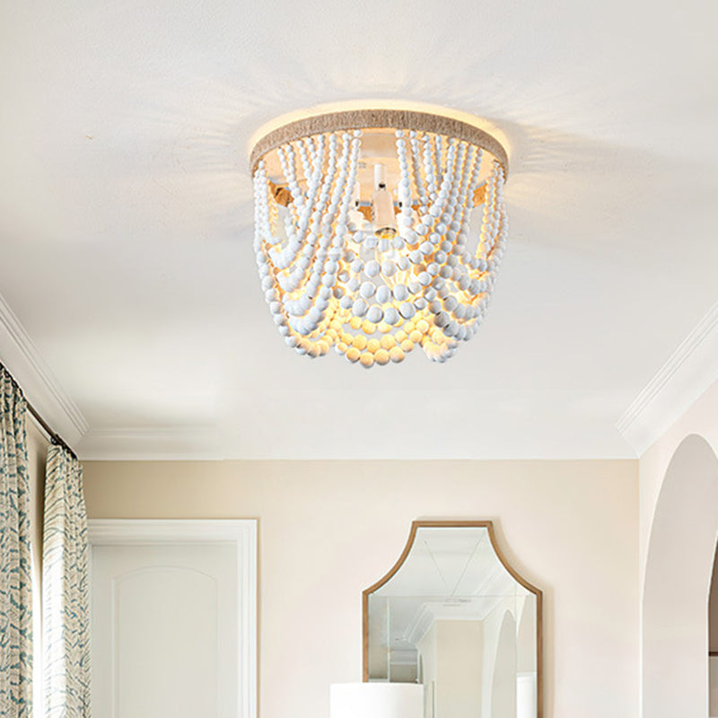 Traditional Vintage Round Curtain Wooden Beads Sisal Hardware 3-Light Flush Mount Ceiling Light For Bedroom