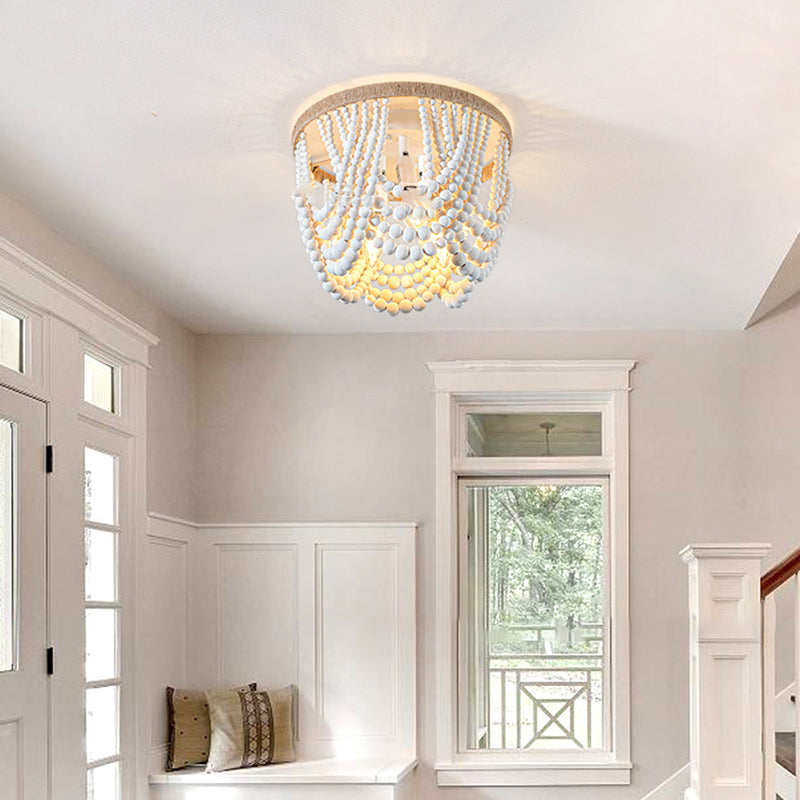 Traditional Vintage Round Curtain Wooden Beads Sisal Hardware 3-Light Flush Mount Ceiling Light For Bedroom