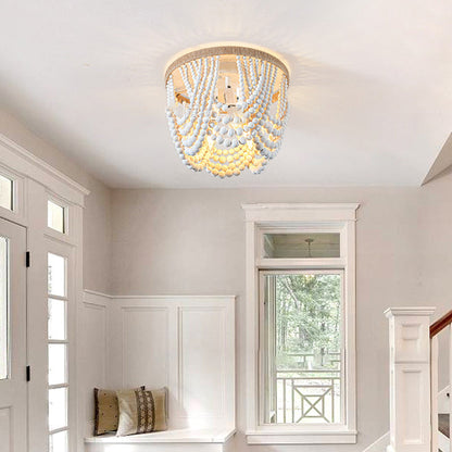 Traditional Vintage Round Curtain Wooden Beads Sisal Hardware 3-Light Flush Mount Ceiling Light For Bedroom