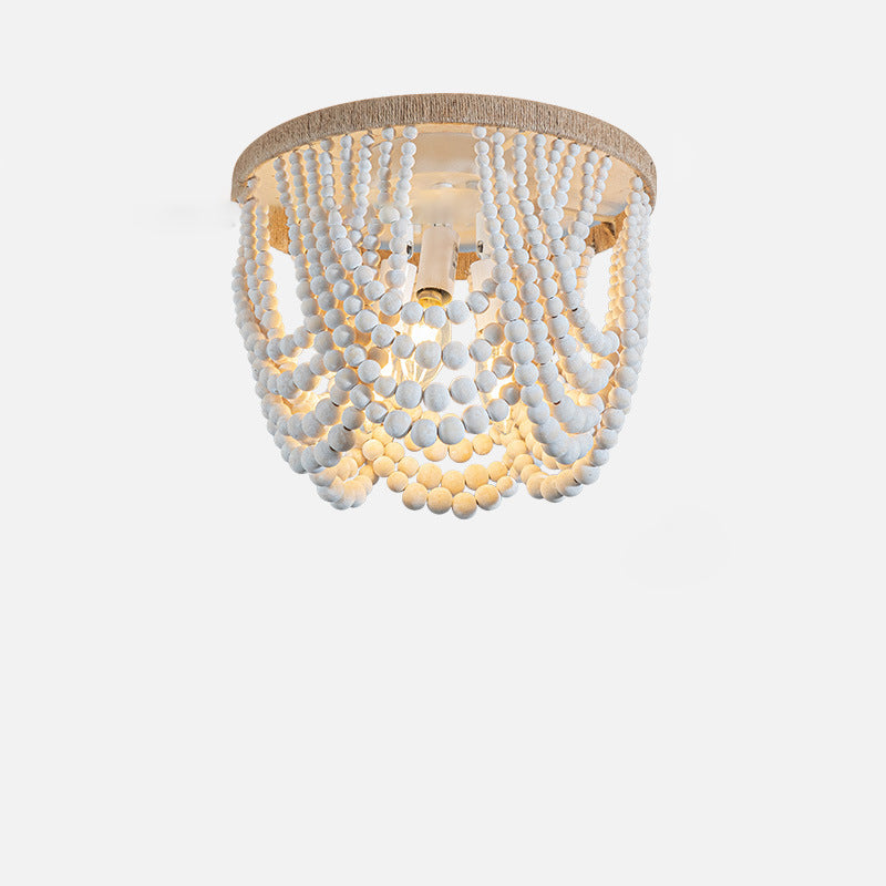 Traditional Vintage Round Curtain Wooden Beads Sisal Hardware 3-Light Flush Mount Ceiling Light For Bedroom