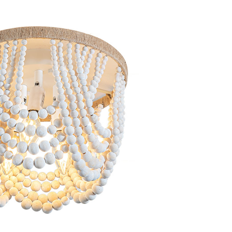 Traditional Vintage Round Curtain Wooden Beads Sisal Hardware 3-Light Flush Mount Ceiling Light For Bedroom