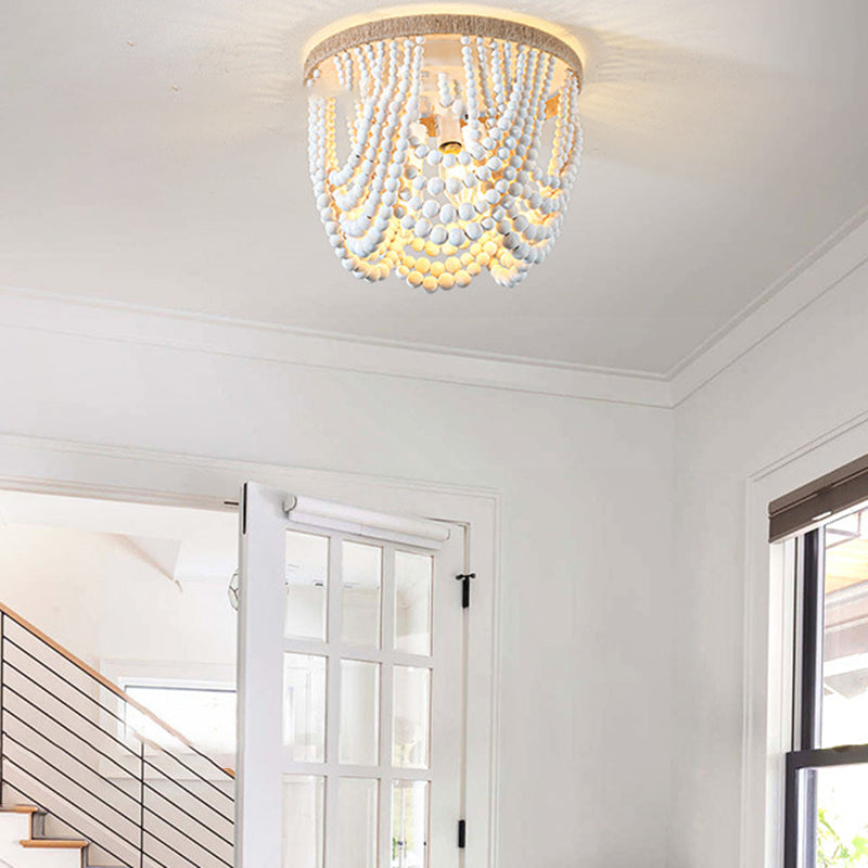 Traditional Vintage Round Curtain Wooden Beads Sisal Hardware 3-Light Flush Mount Ceiling Light For Bedroom
