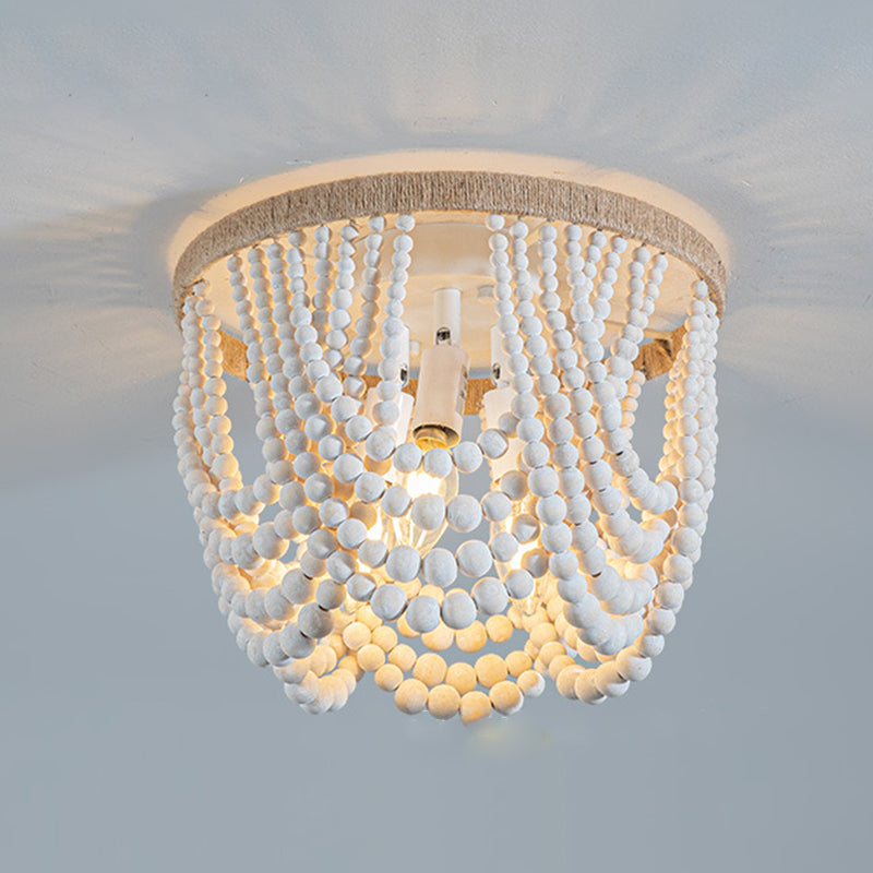 Traditional Vintage Round Curtain Wooden Beads Sisal Hardware 3-Light Flush Mount Ceiling Light For Bedroom