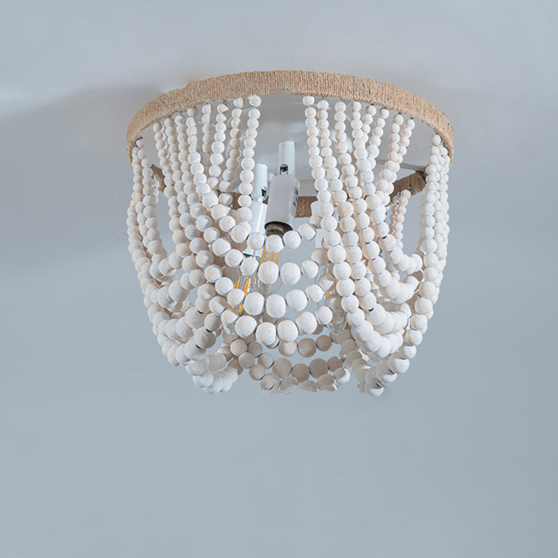 Traditional Vintage Round Curtain Wooden Beads Sisal Hardware 3-Light Flush Mount Ceiling Light For Bedroom