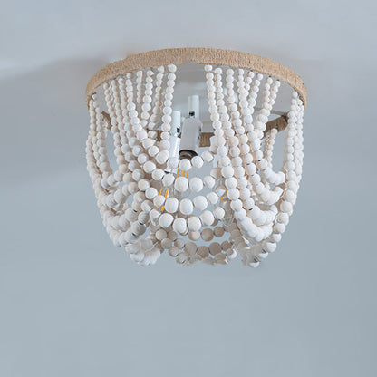Traditional Vintage Round Curtain Wooden Beads Sisal Hardware 3-Light Flush Mount Ceiling Light For Bedroom