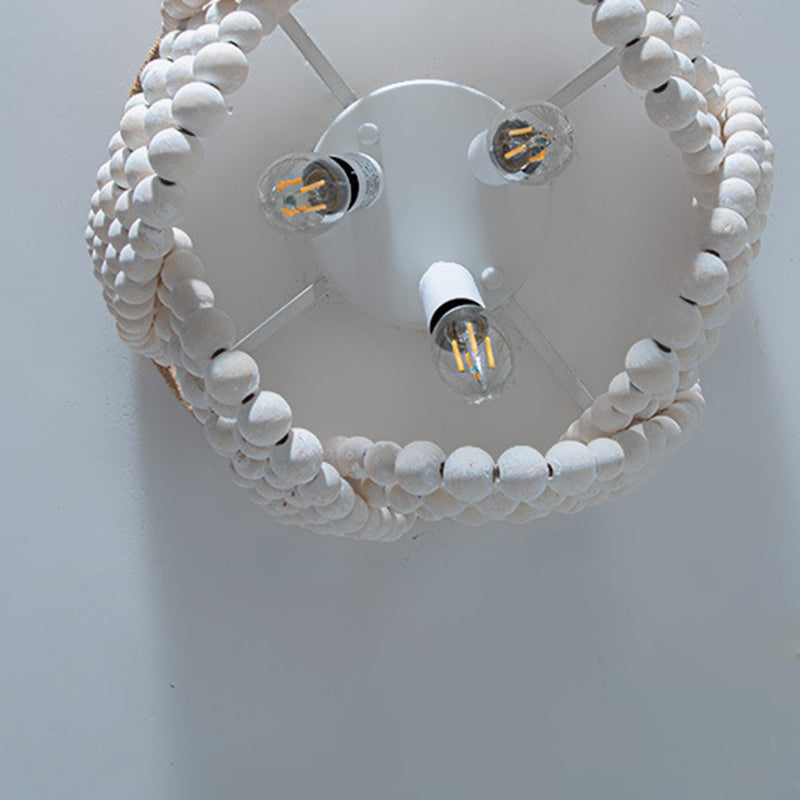 Traditional Vintage Round Curtain Wooden Beads Sisal Hardware 3-Light Flush Mount Ceiling Light For Bedroom