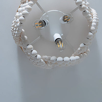 Traditional Vintage Round Curtain Wooden Beads Sisal Hardware 3-Light Flush Mount Ceiling Light For Bedroom