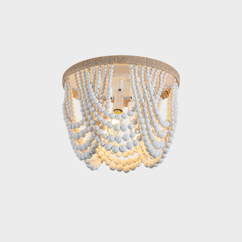 Traditional Vintage Round Curtain Wooden Beads Sisal Hardware 3-Light Flush Mount Ceiling Light For Bedroom