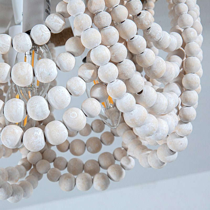 Traditional Vintage Round Curtain Wooden Beads Sisal Hardware 3-Light Flush Mount Ceiling Light For Bedroom