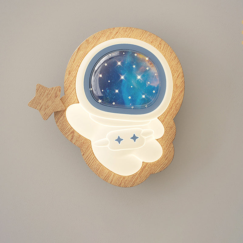 Modern Art Deco Spaceman PE Rubberwood LED Kids Wall Sconce Lamp For Living Room