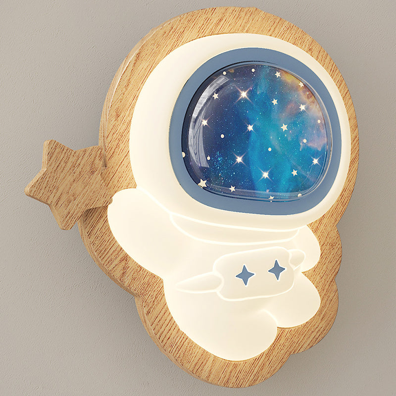Modern Art Deco Spaceman PE Rubberwood LED Kids Wall Sconce Lamp For Living Room