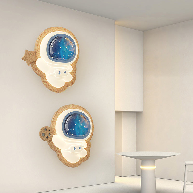 Modern Art Deco Spaceman PE Rubberwood LED Kids Wall Sconce Lamp For Living Room