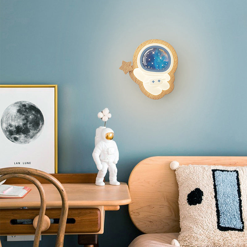 Modern Art Deco Spaceman PE Rubberwood LED Kids Wall Sconce Lamp For Living Room