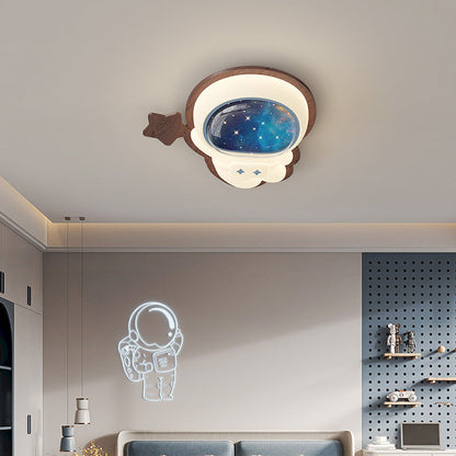 Modern Art Deco Spaceman Star Moon PE Rubberwood LED Kids Flush Mount Ceiling Light For Bedroom