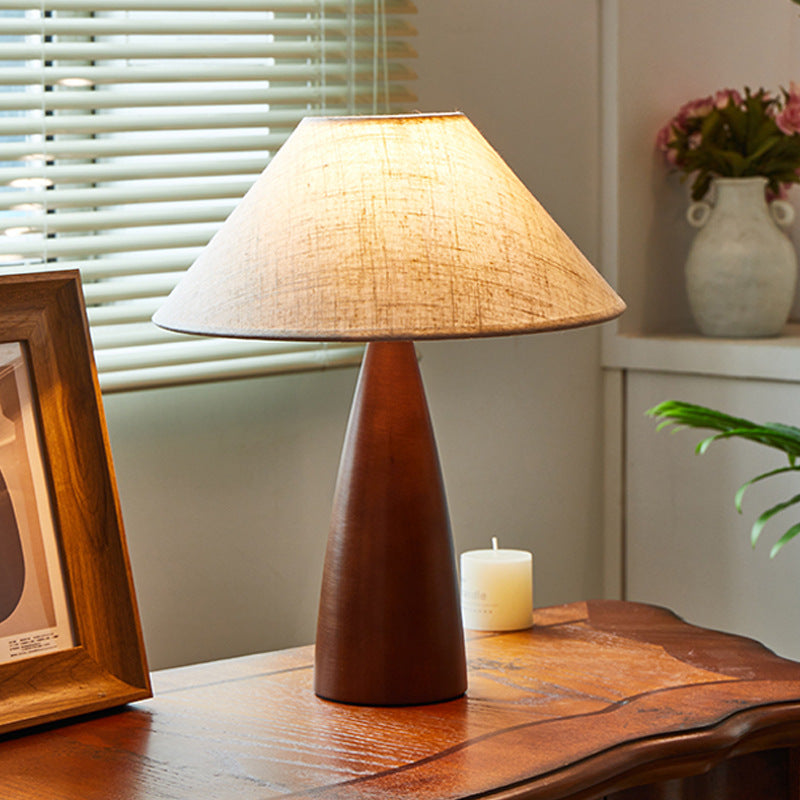 Traditional Vintage Crushed Cone Cylinder Fabric Solid Wood 1-Light Table Lamp For Bedroom