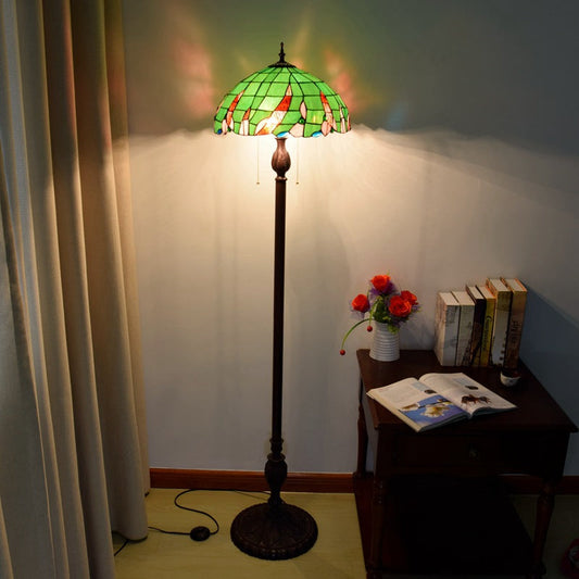 Traditional Tiffany Umbrella Round Glass Resin Iron 3-Light Standing Floor Lamp For Bedroom