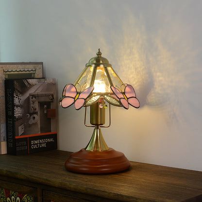 Traditional Vintage Butterfly Cone Round Glass Brass Solid Wood 1-Light Table Lamp For Living Room