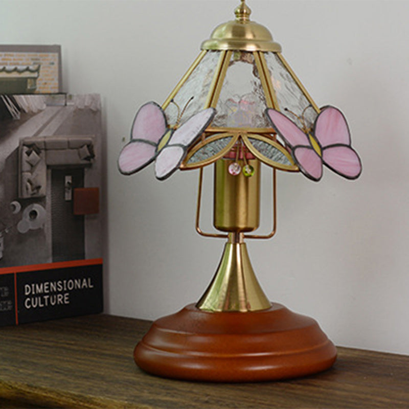 Traditional Vintage Butterfly Cone Round Glass Brass Solid Wood 1-Light Table Lamp For Living Room