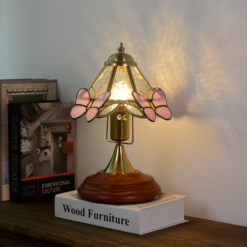 Traditional Vintage Butterfly Cone Round Glass Brass Solid Wood 1-Light Table Lamp For Living Room