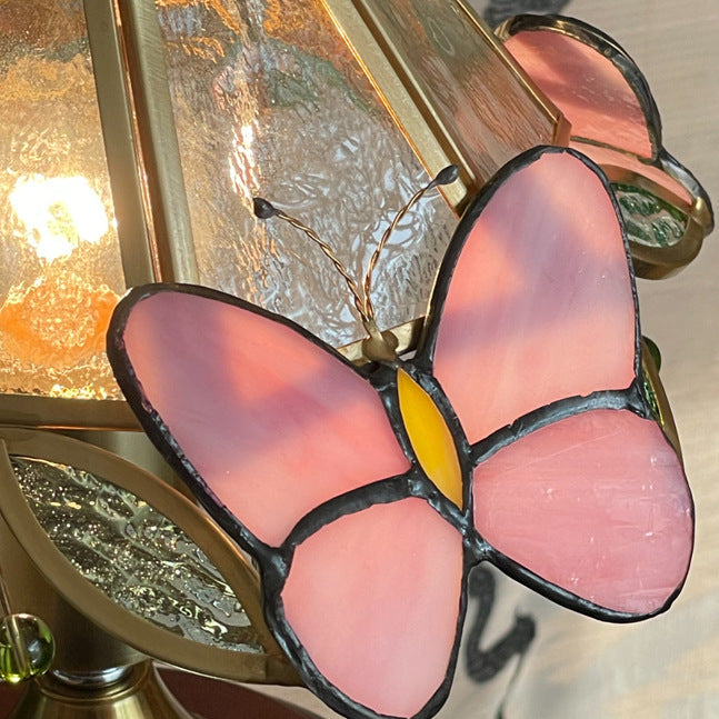 Traditional Vintage Butterfly Cone Round Glass Brass Solid Wood 1-Light Table Lamp For Living Room
