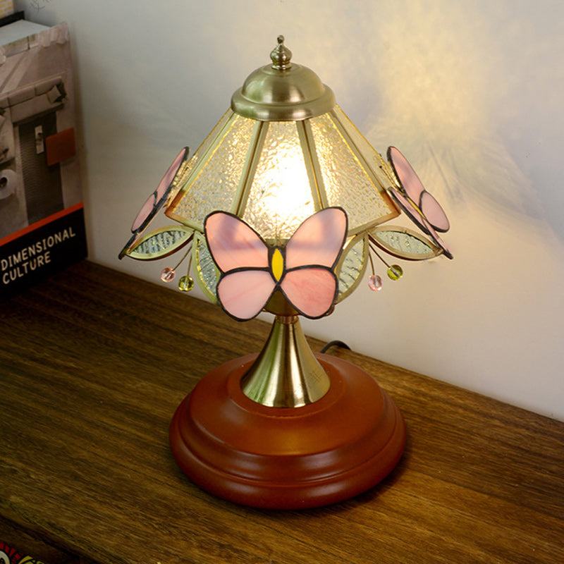 Traditional Vintage Butterfly Cone Round Glass Brass Solid Wood 1-Light Table Lamp For Living Room