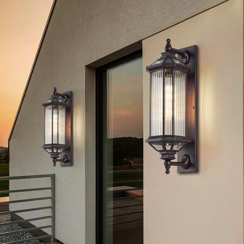 Traditional Vintage Octagonal Square Waterproof Glass Aluminum 1-Light Wall Sconce Lamp For Outdoor Patio