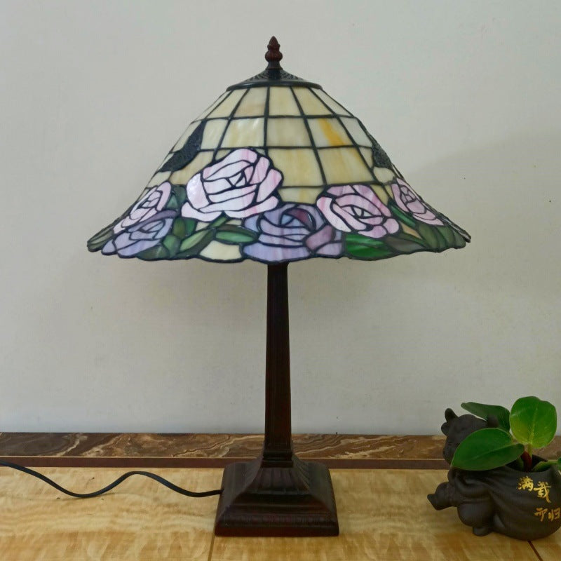 Traditional Vintage Conical Square Glass Resin 1-Light Table Lamp For Living Room