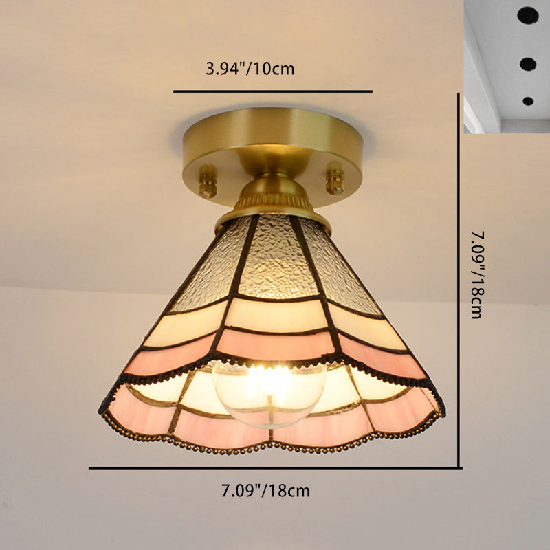 Traditional Vintage Conical Round Glass Copper 1-Light Semi-Flush Mount Ceiling Light For Living Room