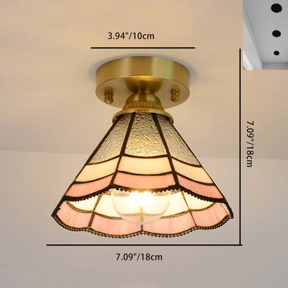 Traditional Vintage Conical Round Glass Copper 1-Light Semi-Flush Mount Ceiling Light For Living Room