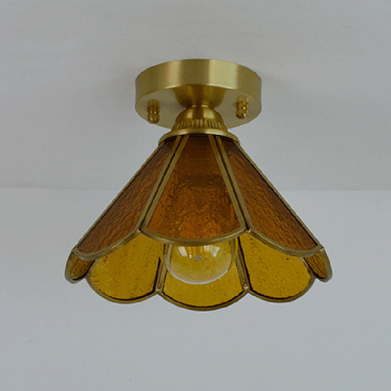 Traditional Vintage Conical Round Glass Copper 1-Light Semi-Flush Mount Ceiling Light For Living Room