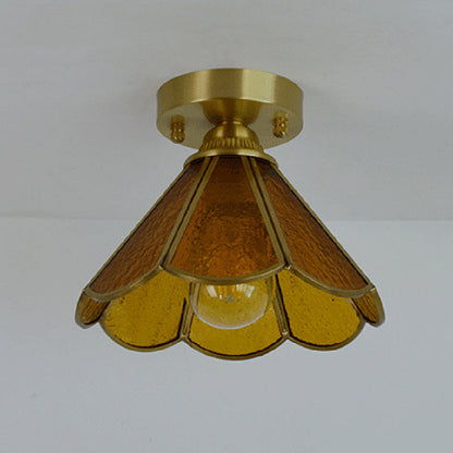Traditional Vintage Conical Round Glass Copper 1-Light Semi-Flush Mount Ceiling Light For Living Room