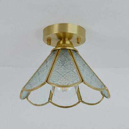 Traditional Vintage Conical Round Glass Copper 1-Light Semi-Flush Mount Ceiling Light For Living Room