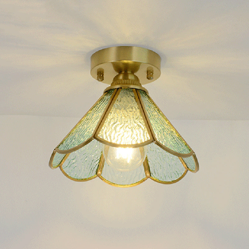 Traditional Vintage Conical Round Glass Copper 1-Light Semi-Flush Mount Ceiling Light For Living Room
