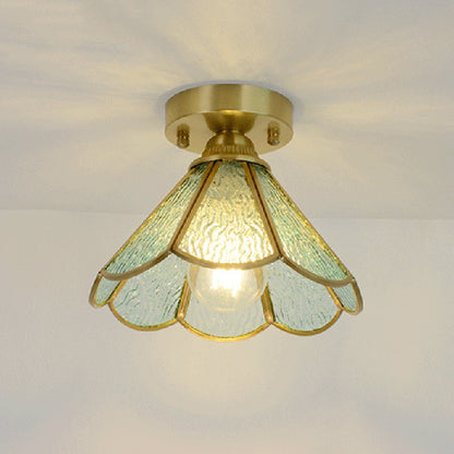 Traditional Vintage Conical Round Glass Copper 1-Light Semi-Flush Mount Ceiling Light For Living Room