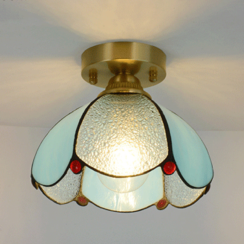 Traditional Vintage Conical Round Glass Copper 1-Light Semi-Flush Mount Ceiling Light For Living Room