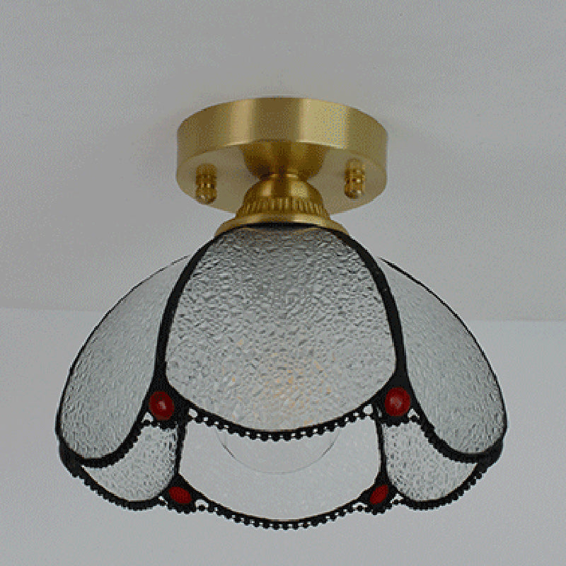 Traditional Vintage Conical Round Glass Copper 1-Light Semi-Flush Mount Ceiling Light For Living Room