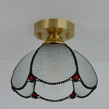 Traditional Vintage Conical Round Glass Copper 1-Light Semi-Flush Mount Ceiling Light For Living Room