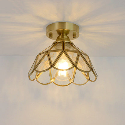 Traditional Vintage Conical Round Glass Copper 1-Light Semi-Flush Mount Ceiling Light For Living Room