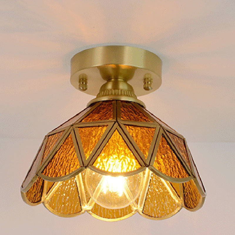 Traditional Vintage Conical Round Glass Copper 1-Light Semi-Flush Mount Ceiling Light For Living Room