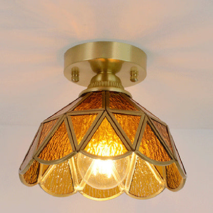 Traditional Vintage Conical Round Glass Copper 1-Light Semi-Flush Mount Ceiling Light For Living Room
