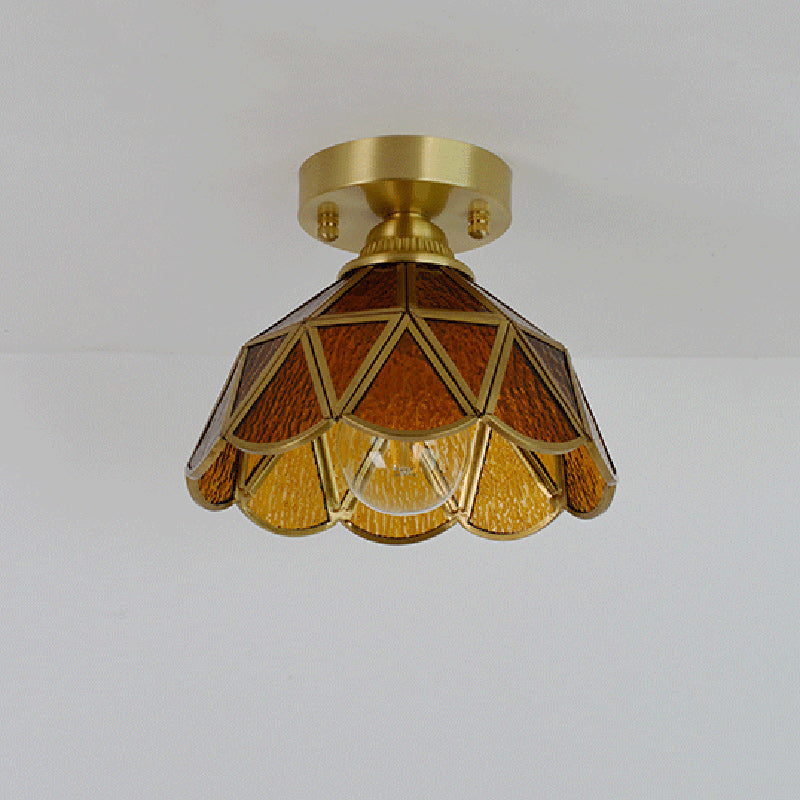 Traditional Vintage Conical Round Glass Copper 1-Light Semi-Flush Mount Ceiling Light For Living Room