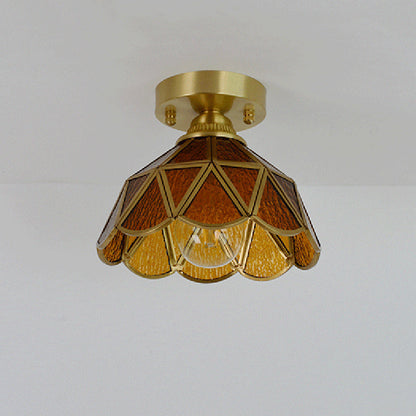 Traditional Vintage Conical Round Glass Copper 1-Light Semi-Flush Mount Ceiling Light For Living Room