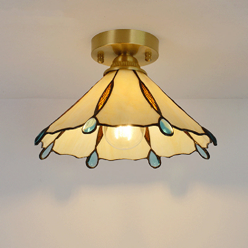 Traditional Vintage Conical Round Glass Copper 1-Light Semi-Flush Mount Ceiling Light For Living Room