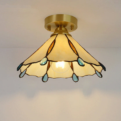 Traditional Vintage Conical Round Glass Copper 1-Light Semi-Flush Mount Ceiling Light For Living Room