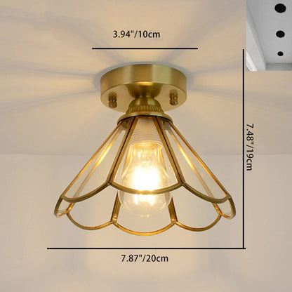 Traditional Vintage Conical Round Glass Copper 1-Light Semi-Flush Mount Ceiling Light For Living Room